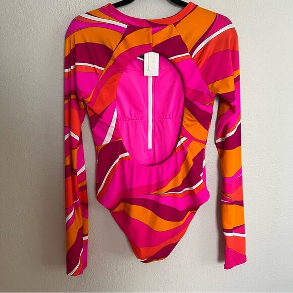 New Trina Turk Bright Pink Orange Wave Stripe Print One Piece Swimsuit sz M - Picture 2 of 6